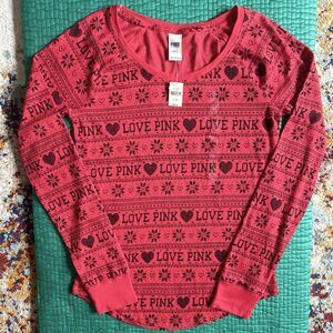 NEW Vintage Y2K PINK Victorias Secret Shirt L Thermal Waffle Knit Fair Isle Xmas